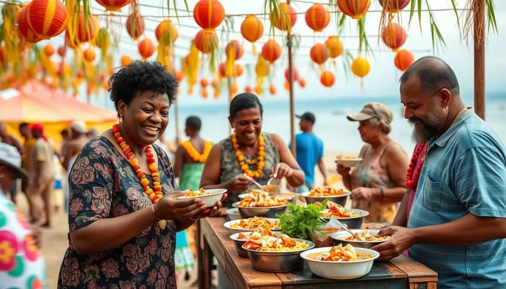 Generate an image of a vibrant festival scene on Corn Islands with people enjoying crab soup and other local dishes.
