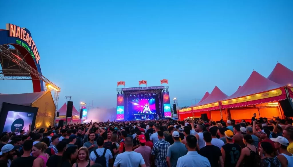 Generate an image of a vibrant festival scene with multiple venues and performances.