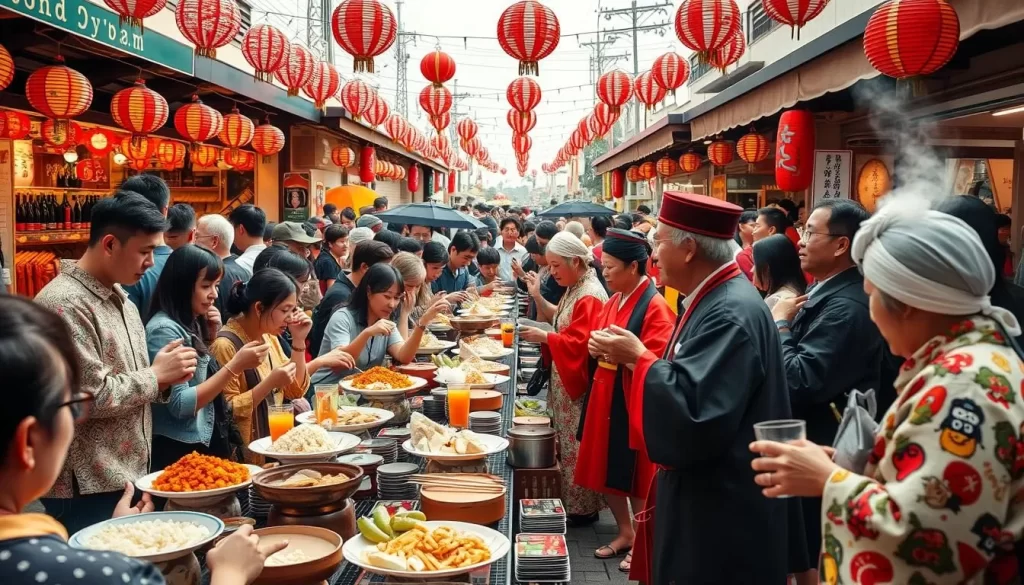 Generate an image of a vibrant festival scene with people enjoying traditional Japanese food and drinks, surrounded by colorful decorations and lively music.