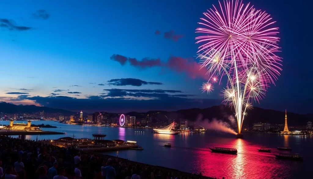 Generate an image of a vibrant fireworks display over Kanagawa's bay during a summer evening.