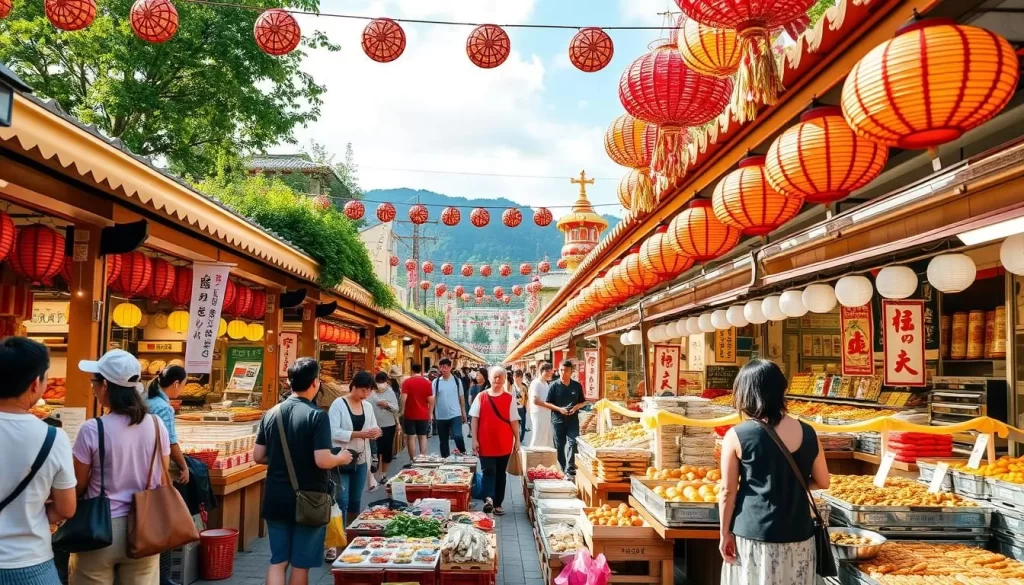 Generate an image of a vibrant food festival in Yamaguchi Prefecture