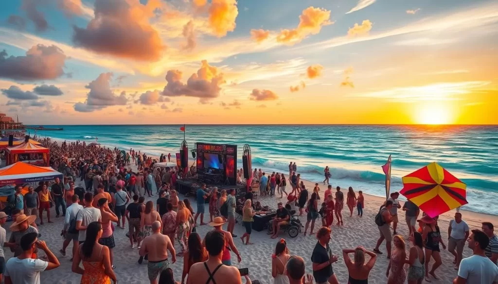 Generate an image of a vibrant music festival on a beach with turquoise waters and a sunset backdrop.
