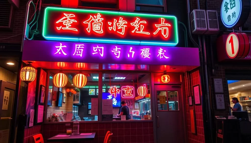 Generate an image of a vibrant, neon-lit Taiwanese restaurant in New York's East Village.
