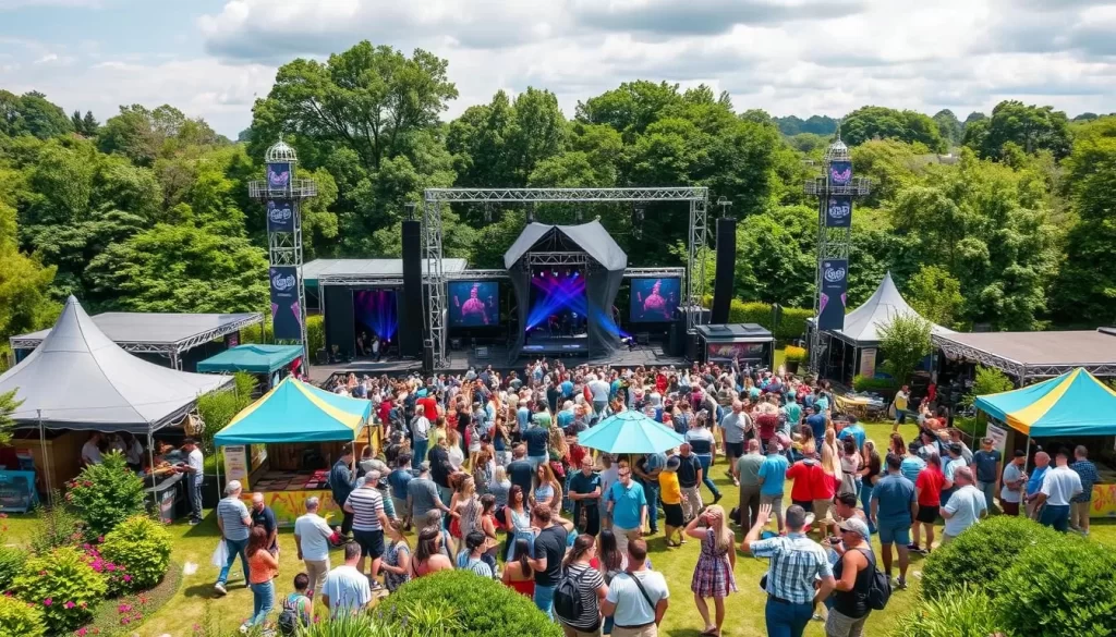 Generate an image of a vibrant outdoor festival with stages, stalls, and a lively crowd amidst a lush garden setting.
