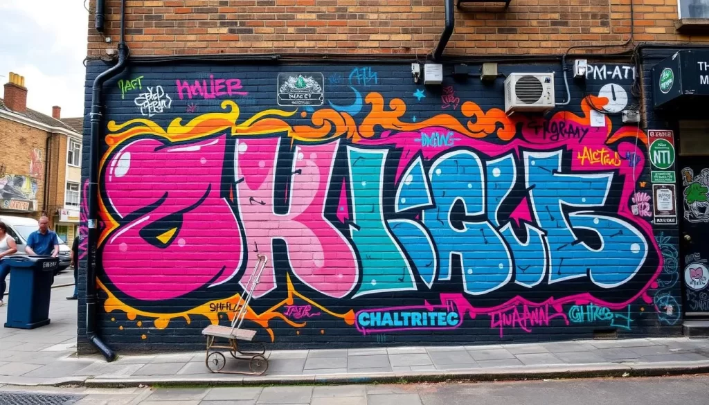 Generate an image of a vibrant street art mural in Shoreditch, East London.