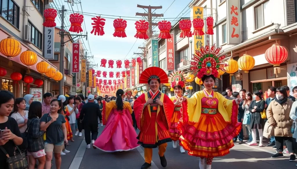 Generate an image of a vibrant street festival in Kōchi, Japan, with dancers in colorful costumes.