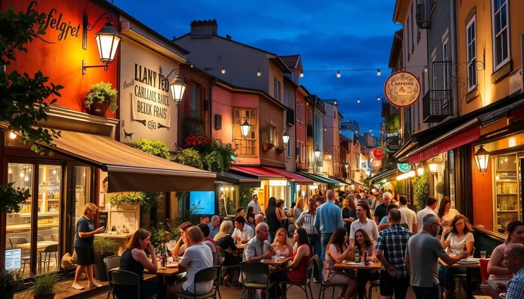Generate an image of a vibrant street lined with cafes, bars, and restaurants, with people enjoying their time in the evening.