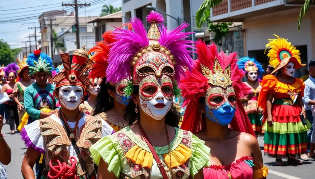 Generate an image of a vibrant street parade in La Ceiba, Honduras, with people in colorful costumes and masks.