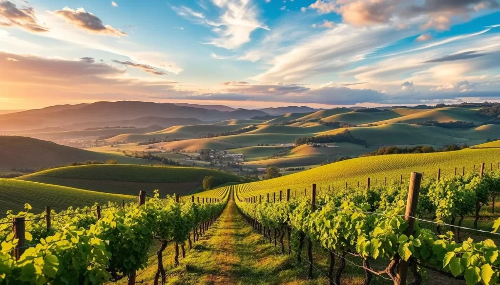Generate an image of a vineyard on the 43rd parallel with a scenic view.