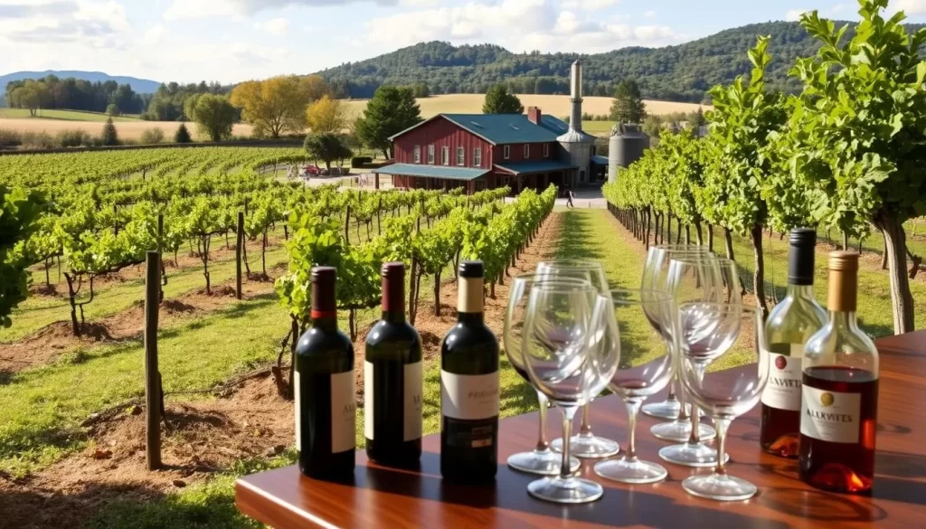 Generate an image of a vineyard with a winery and distillery in the background, featuring wine and spirits sampling.