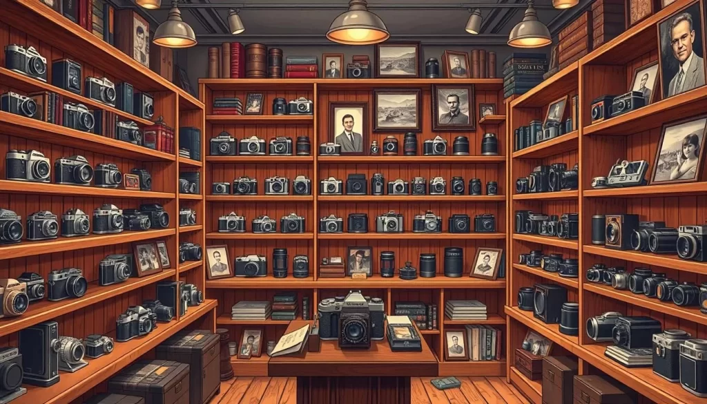 Generate an image of a vintage camera store with a variety of cameras and lenses on display.