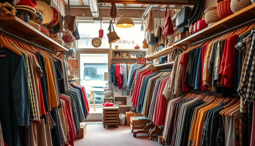 Generate an image of a vintage clothing store in Koenji, showcasing its eclectic selection.
