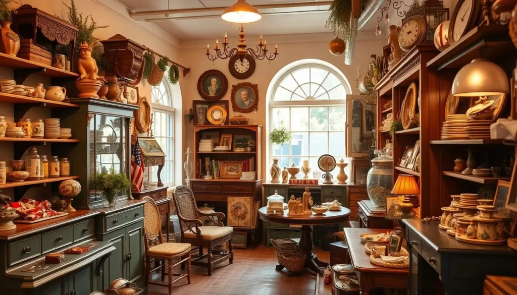 Generate an image of a vintage store with a mix of antique furniture, old-timey candies, and local crafts.