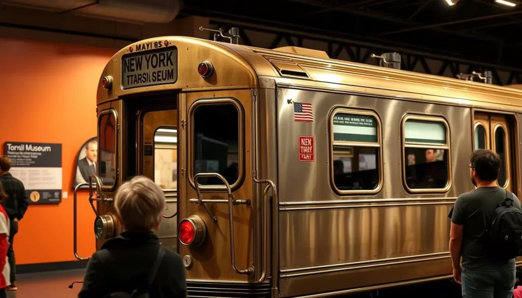 Generate an image of a vintage subway car at the New York Transit Museum.