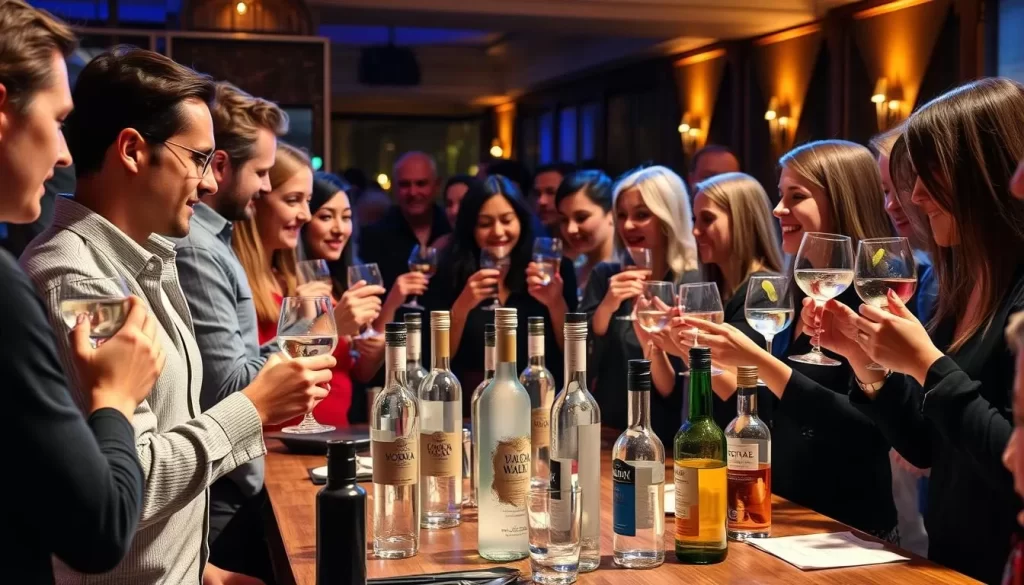 Generate an image of a vodka tasting event with participants sampling different vodkas and chasers.