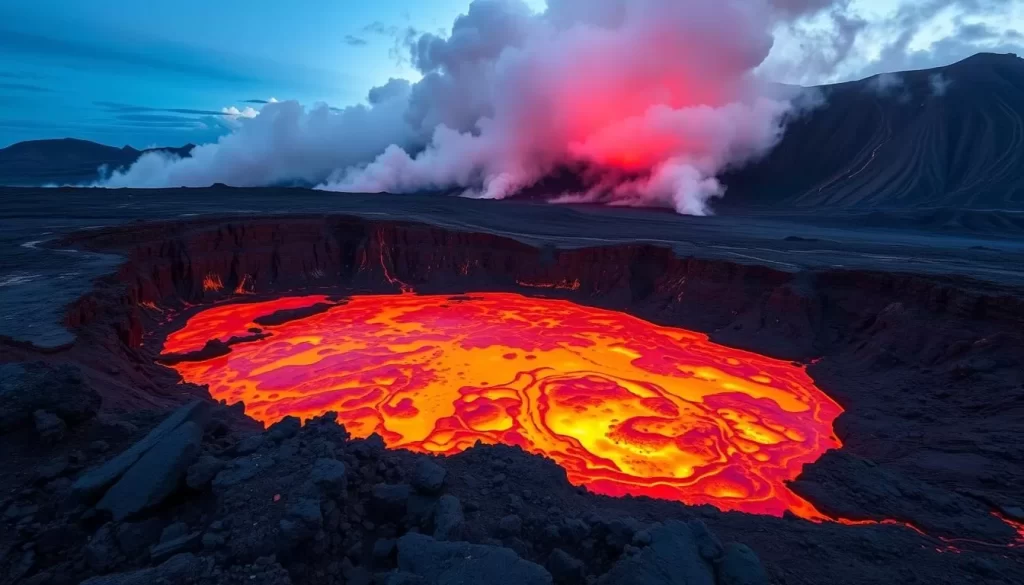 Generate an image of a volcanic landscape with a bubbling lava lake.
