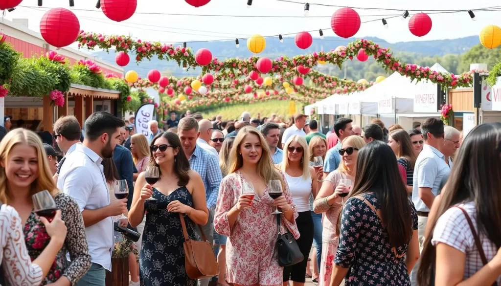 Generate an image of a wine festival with people tasting various wines and enjoying live music.