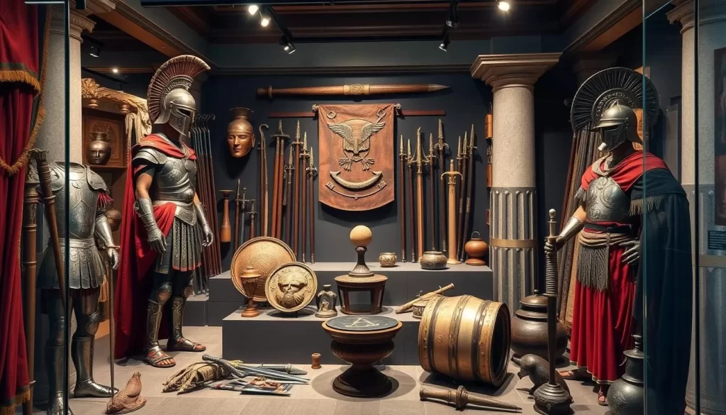 Generate an image of an ancient Roman exhibit with authentic armor and artifacts.