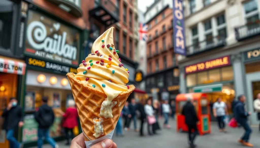 Generate an image of an egg waffle ice cream cone from Bubblewrap in Soho.