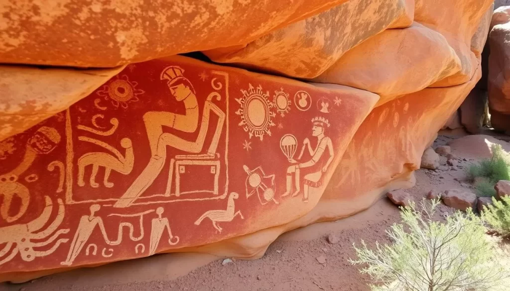 Generate an image of ancient cave paintings at Chongoni Rock-Art Area.