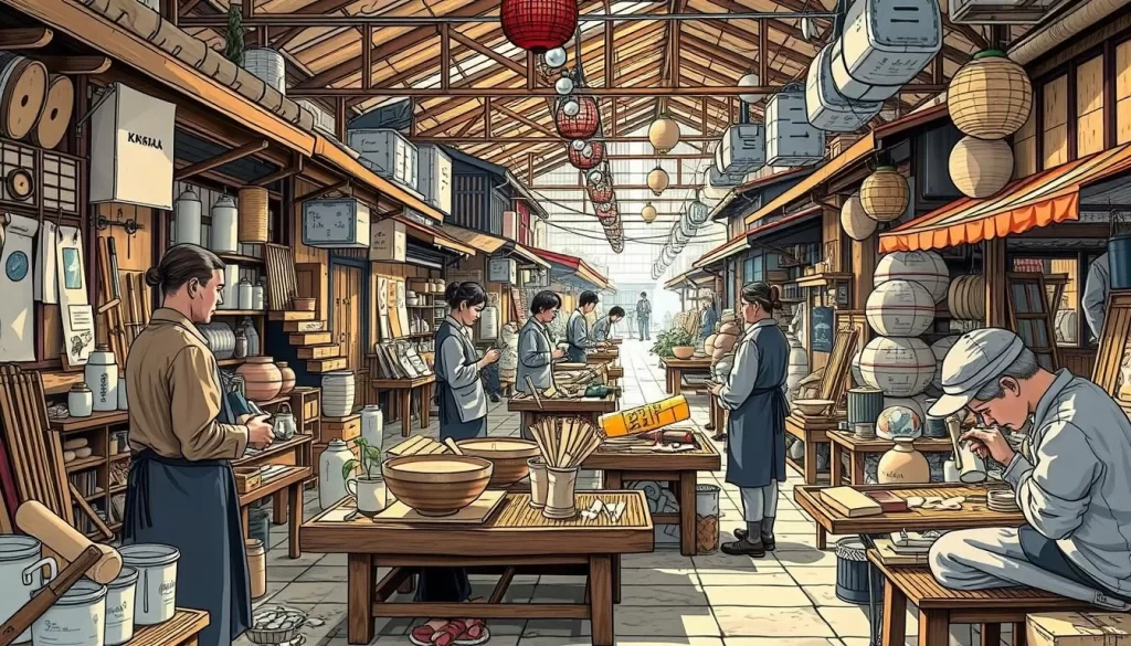 Generate an image of artisans at work at Morioka Handi-Works Square