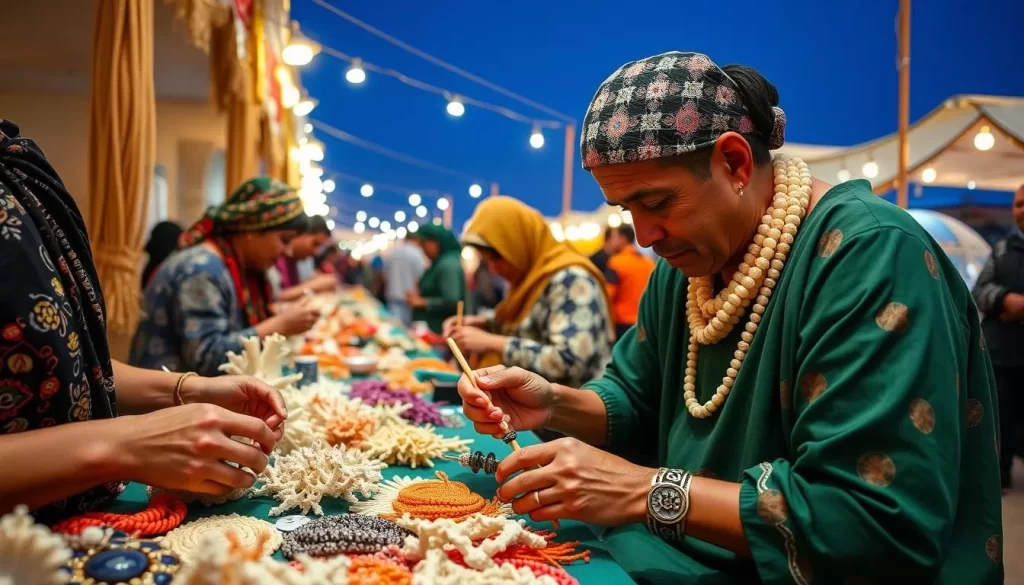 Generate an image of artisans crafting coral jewelry at the El Kala Coral Festival.