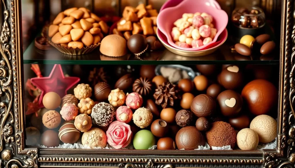 Generate an image of assorted chocolates and candies in an antique-style display.