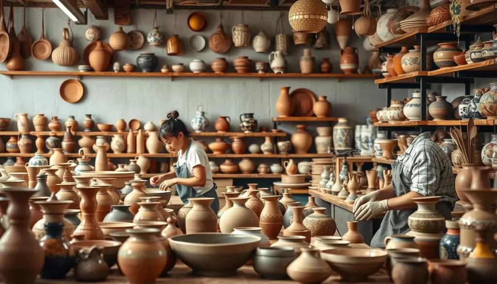 Generate an image of ceramic artisans at work, with beautiful pottery on display.