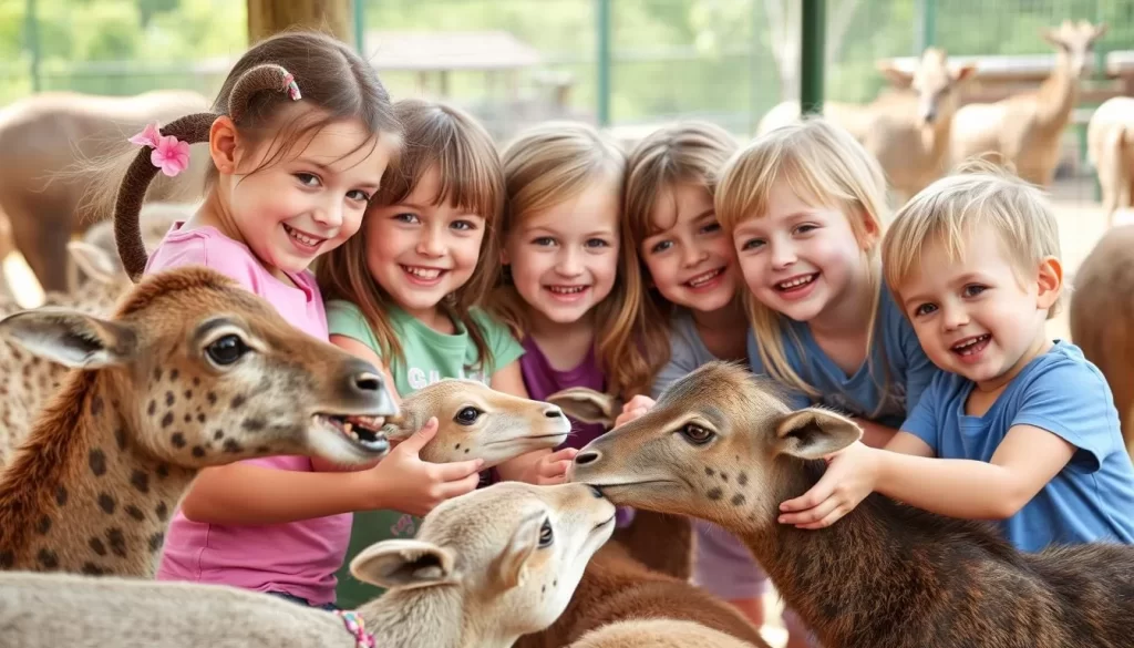 Generate an image of children interacting with animals at the Leesburg Animal Park.