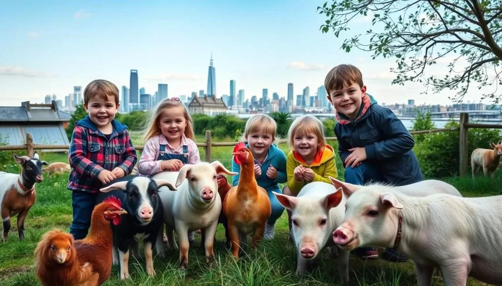 Generate an image of children interacting with farm animals at Spitalfields City Farm.