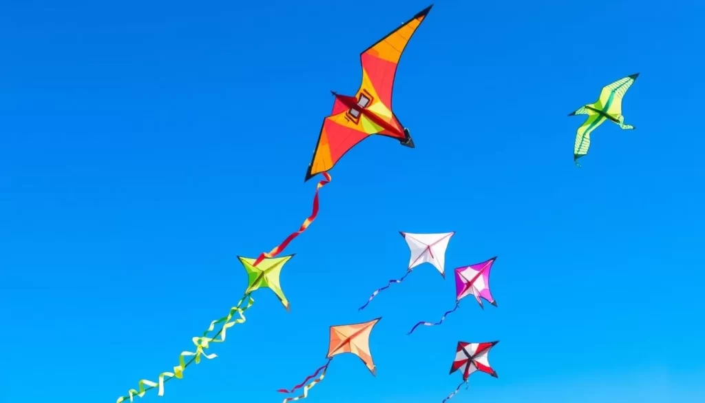 Generate an image of colorful kites flying high in the sky during the SaskPower Windscape Kite Festival in Swift Current, Saskatchewan.