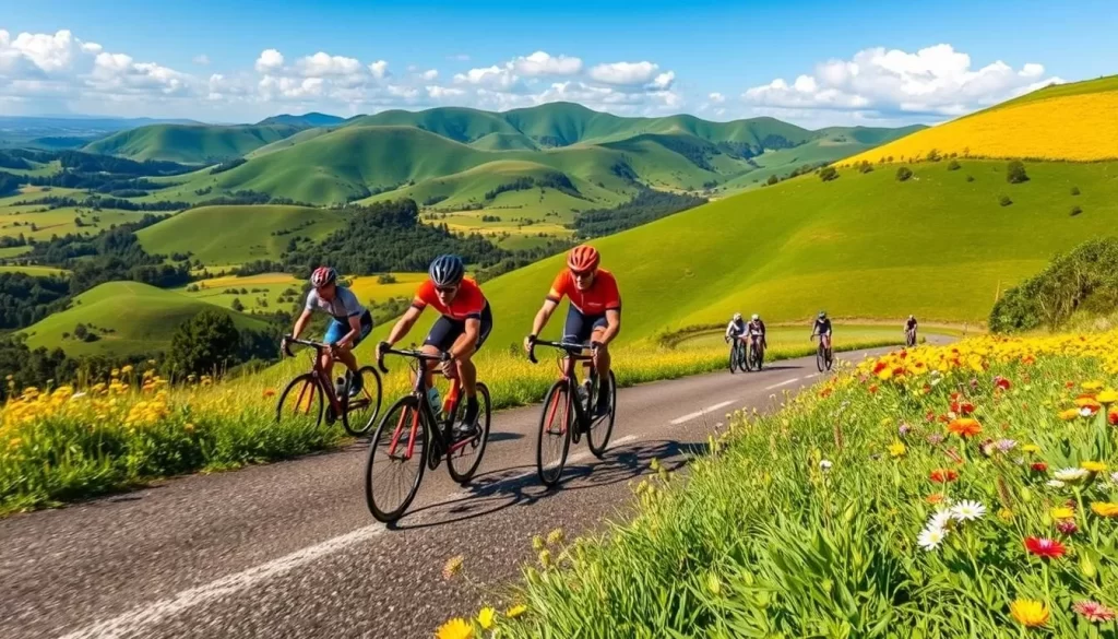 Generate an image of cyclists competing in the Tour Du Rwanda, showcasing Rwanda's scenic landscapes.