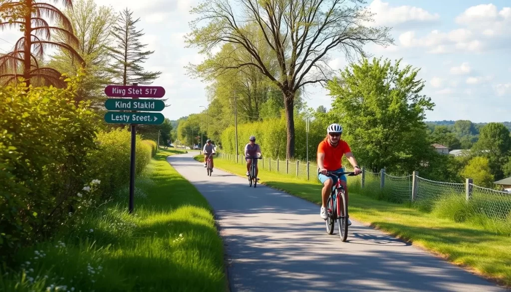 Generate an image of cyclists on the Washington & Old Dominion Trail near King Street in Leesburg.