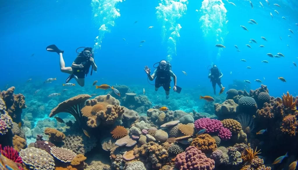 Generate an image of divers exploring the underwater world of Amami Ōshima.