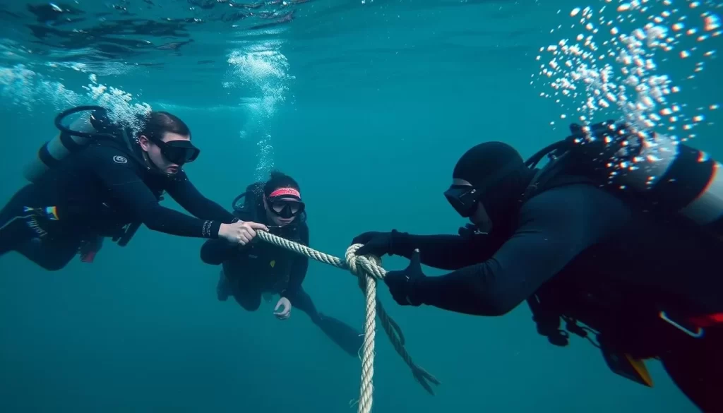 Generate an image of divers in cold water participating in a tug-of-war.
