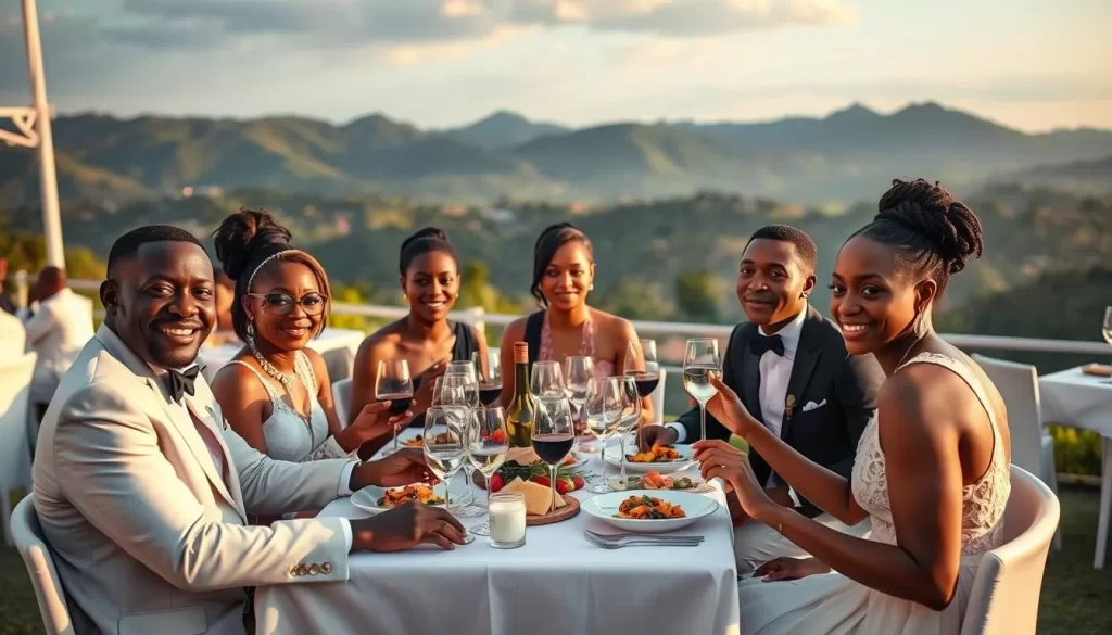Generate an image of elegantly dressed people dining at Diner En Blanc Kigali, with Rwanda's hills in the background.