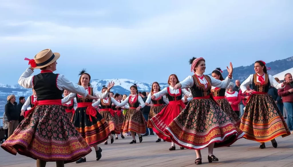 Generate an image of folk dance performances at the Ohrid Winter Fest