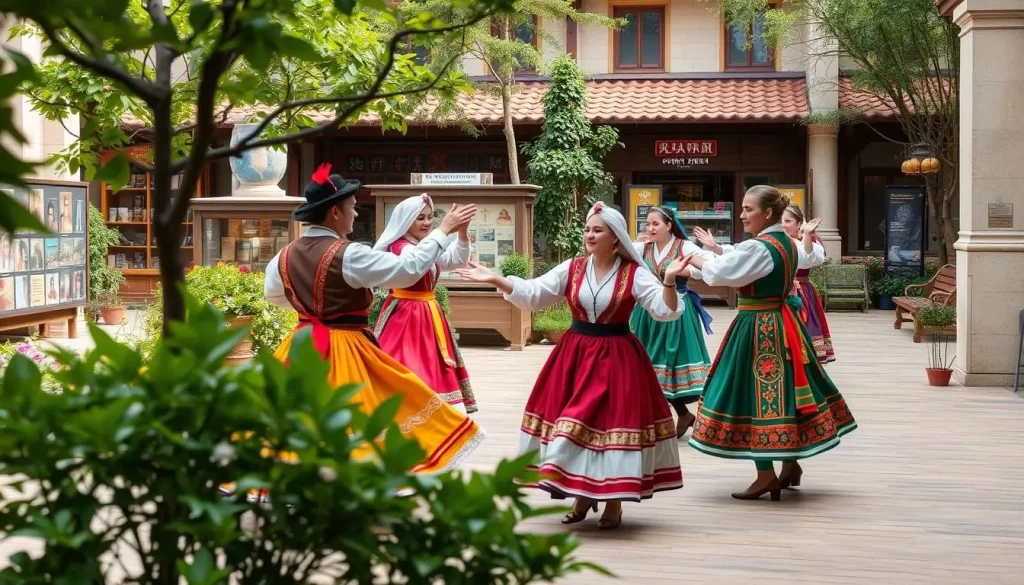 Generate an image of folk dancers performing in an open-air museum setting.
