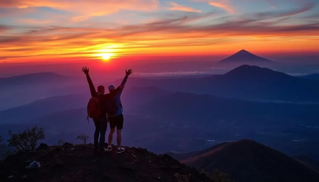 Generate an image of hikers reaching the summit of Telica Volcano at sunset, with the Nicaraguan landscape stretching out below.