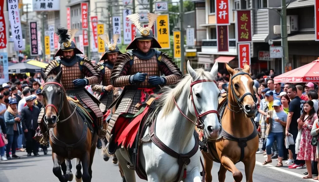 Generate an image of horseback riders in traditional samurai armor racing through the streets during the Soma Nomaoi Festival.
