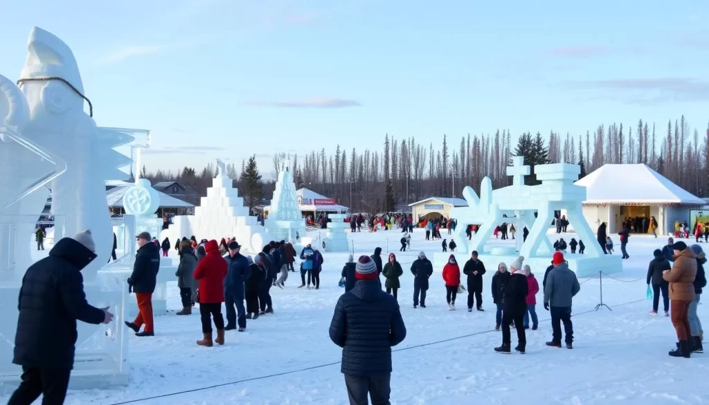 Generate an image of ice sculpture competitions and winter sports demonstrations during a Saskatchewan winter festival.