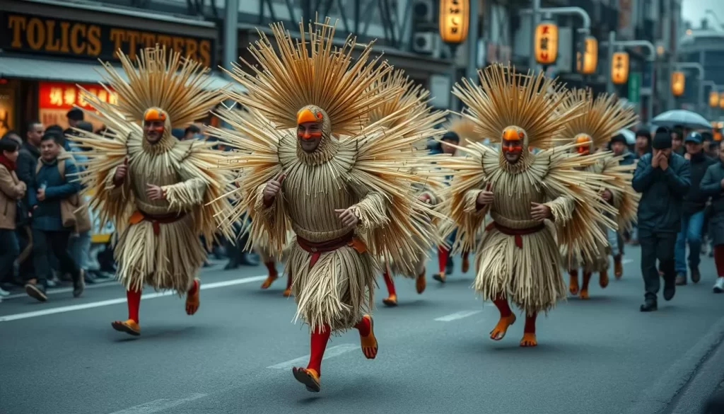 Generate an image of men dressed in elaborate straw costumes resembling birds, running through the streets of Yamagata on February 11.