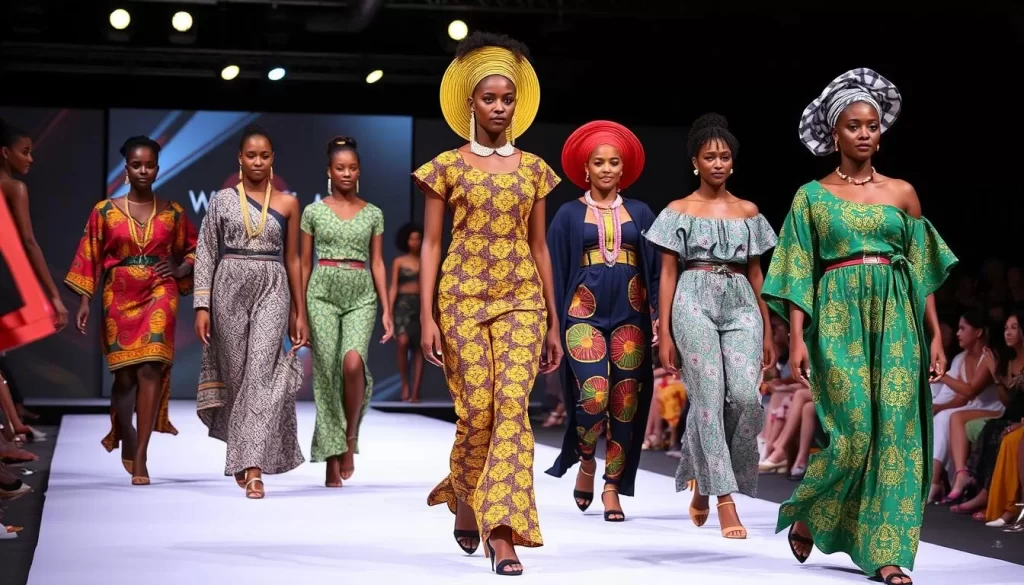 Generate an image of models walking down the runway at Swahili Fashion Week, showcasing traditional and modern Tanzanian fashion.