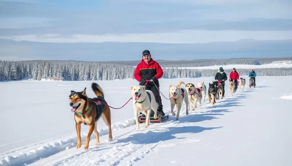 Generate an image of mushers racing sled dogs across a snowy Saskatchewan landscape from Prince Albert to La Ronge.