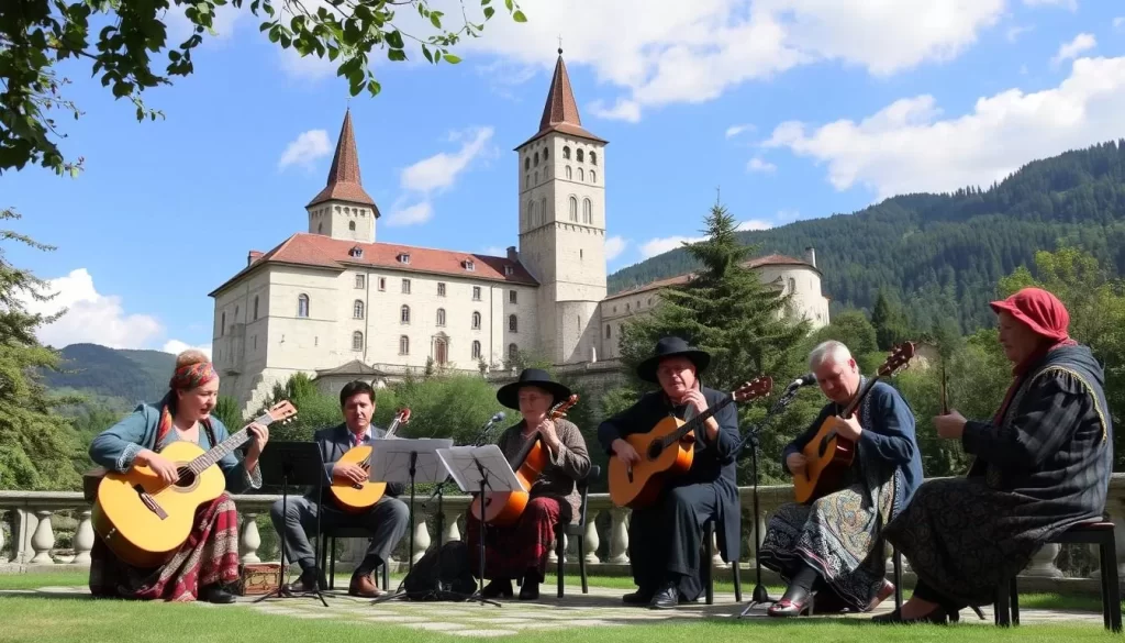 Generate an image of musicians performing ancient music at the Seviqc Festival in a Slovenian castle.