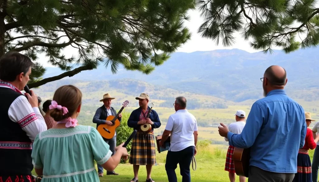 Generate an image of participants at the South Outdoor Festival, enjoying traditional Albanian music and dance in a scenic outdoor setting.