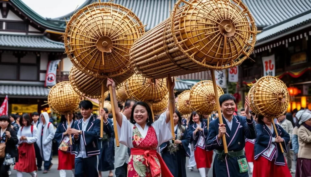 Generate an image of participants carrying large bamboo decorations during the Houza-ura Sengen Festival.