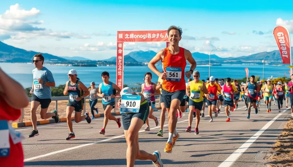 Generate an image of participants running during the Kasumigaura Marathon.