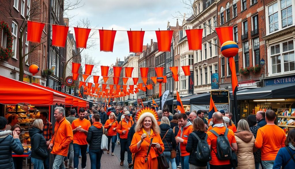 Generate an image of people celebrating King's Day in Amsterdam with street parties and markets.
