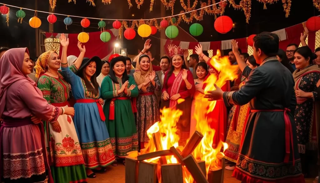 Generate an image of people celebrating Nevruz with traditional folk dances and fire-jumping.